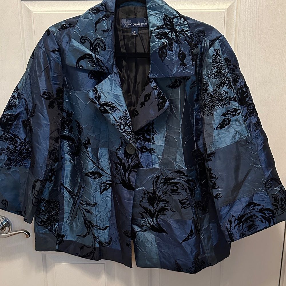 Susan Graver Elegant Teal Blue and Black Patterned Blazer Satin/Velvet Size XL